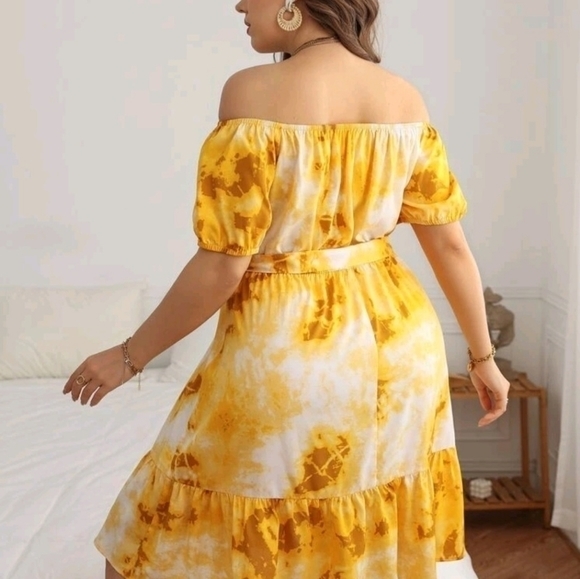 Off the‎ Shoulder Ruffle Hem Belted Dress - Picture 2 of 3